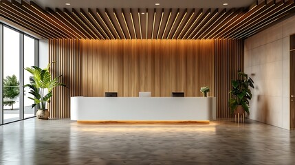Reception desk in interior of empty business office lobby