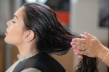 Expert hairdresser applies revitalizing oil drops to woman's long black hair, transforming her look...