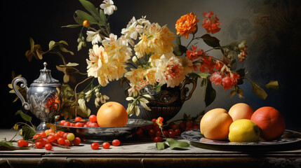 A still life painting featuring flowers and fruit on a