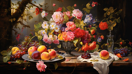 A still life painting featuring flowers and fruit on a - obrazy, fototapety, plakaty