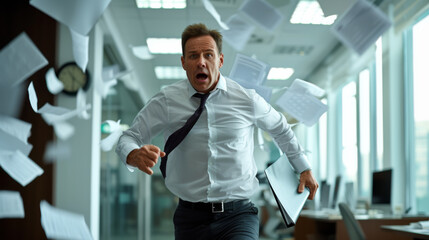 Naklejka na ściany i meble A man in a shirt and tie is running through an office with papers flying around him, creating a scene of urgency and haste.