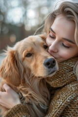Close-up portrait of young beautiful girl hugging and kissing her cute dog while walking in autumn park. Love and affection between owner and pet.