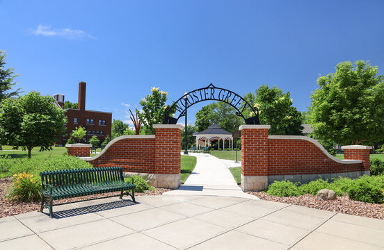 The entrance arch with Wooster Green park name on top. Bowling Green, Ohio USA on June 23, 2022.