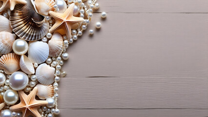 light gray background with shells and pearls with mockup copy space. Generative AI. sea shells on a wooden background. brand product. business product
