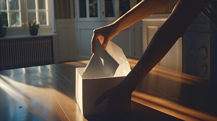 A persons hand is opening a white box on a wooden table illuminated by warm sunlight through a window - obrazy, fototapety, plakaty