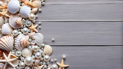 light gray background with shells and pearls with mockup copy space. Generative AI. sea shells on a wooden background. brand product. business product