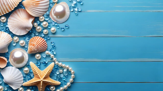 light sea blue background with shells and pearls with copy space. Generative AI