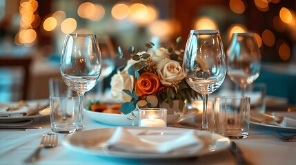 Tables set for an event party or wedding reception luxury elegant table setting dinner in a restaurant