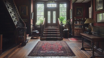 The interior foyer or entryway of an old restored Victorian style home with oriental rugs and period furniture - obrazy, fototapety, plakaty