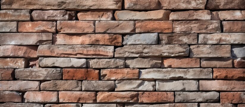 Close up of a brown brick wall showcasing the intricate brickwork and composite material used in construction. The stone wall is adorned with plant life