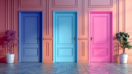 Three Closed Doors with Different Color in Front in the Room
