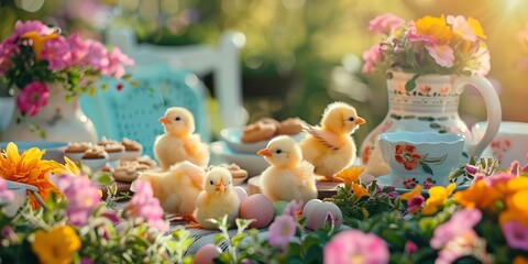 Family dinner in a garden of petunias with marshmallow chicks as decor Easter cookies and background worship music - obrazy, fototapety, plakaty