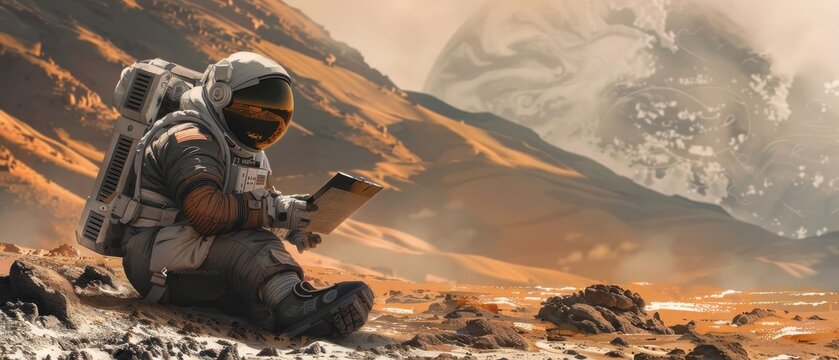 the Astronaut sketching the surface of a distant planet
