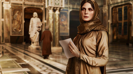 Obraz premium Woman in a headscarf holding a piece of paper inside an ornately decorated building with murals and statues