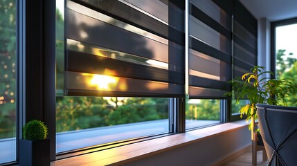 Window roller duo system day and night Morning sunlight shining through the window