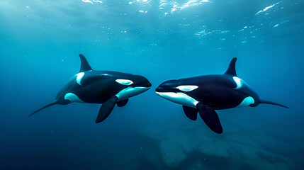 Obraz na płótnie Canvas Two orcas swimming together 