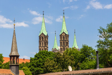 Fototapeta na wymiar Towers of church Bamberg Cathedral (Bamberger Dom) in Bamberg, Upper Franconia, Bavaria, Germany