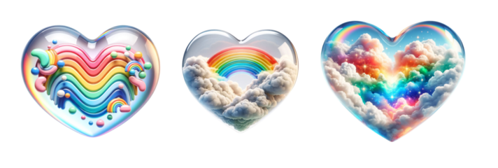 3d realistic glass heart icon set isolated on a transparent background, filled with lively rainbows and clouds.