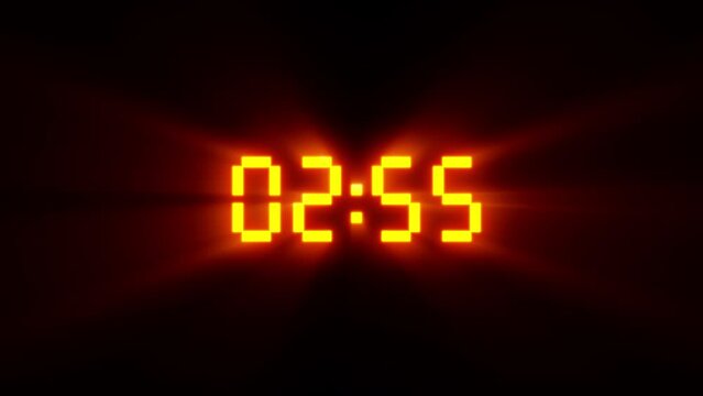 3 minute timer countdown animation. Animated on yellow glowing effects. Black background. Great for event countdowns, product launches, game shows or competitions.