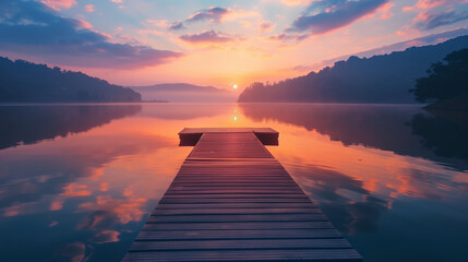 Serene sunrise at a boat dock, calm waters reflecting the sky, peaceful and tranquil morning