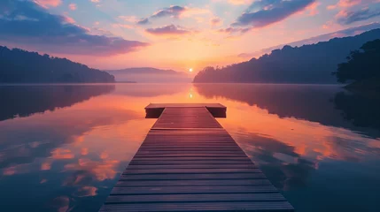 Fotobehang Reflectie Serene sunrise at a boat dock, calm waters reflecting the sky, peaceful and tranquil morning
