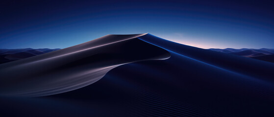 landscape of vast desert sand dunes in dark night with dark purple blue glowing colors gradations with aerial view of far horizon