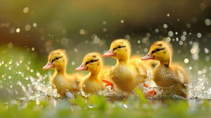 Energetic ducklings in a spirited race, their tiny webbed feet paddling furiously on dewy grass. - obrazy, fototapety, plakaty