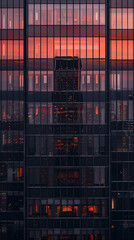 Sleek rectangular skyscraper facade at sunset, reflecting the orange sky, focus on the patterns of windows