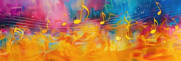 An abstract representation of sound waves or music notes, expressed through vibrant colors and dynamic shapes - obrazy, fototapety, plakaty