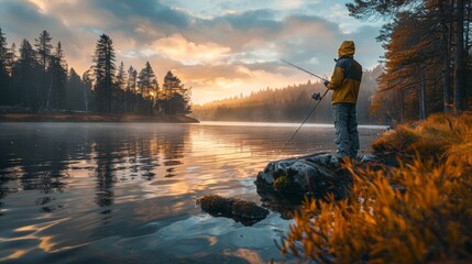 Rear view of a fisherman on lake shore in early foggy morning. A man in bright jacket stands on a large rock with a fishing rod in hand and watches beautiful sunrise. Hobby and outdoor activity.