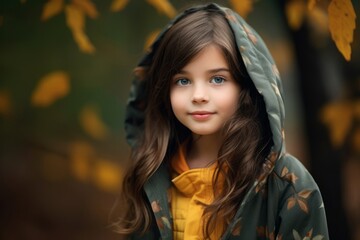portrait of a little girl in a raincoat in the autumn forest