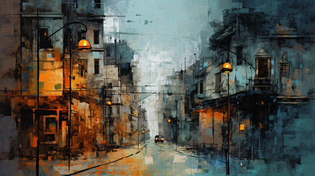 Abstract city street view  grungy painting 