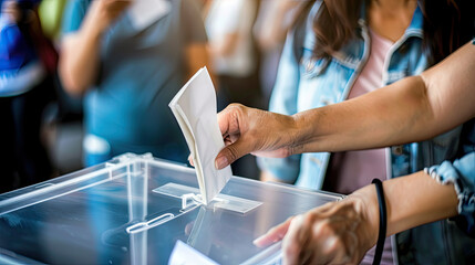 An individual is casting a ballot into a clear voting box during an election symbolizing democratic participation and civic duty