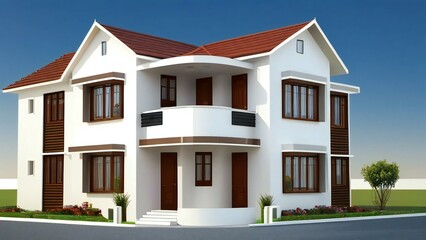 Obraz premium Modern two-story house with white walls and brown accents under a clear sky.