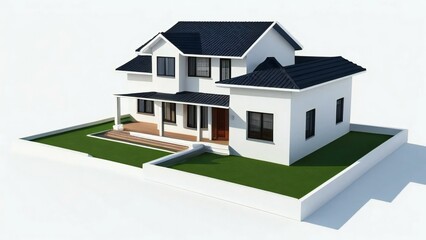 3D rendering of a modern suburban house with a lawn on a white background.