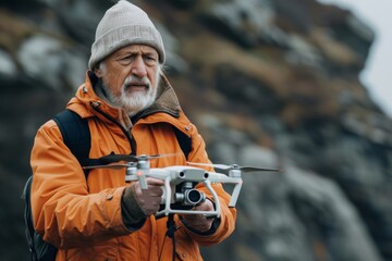 Senior gray-haired bearded Caucasian man in hiker's outfit is about to launch a quadcopter. A keen retiree uses a drone to capture picturesque landscape. Mountain rocks on the background.