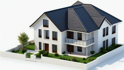 3D rendering of a modern two-story house with balconies and a small garden on a white background.