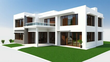 Modern two-story house with large windows, white facade, and green lawn.