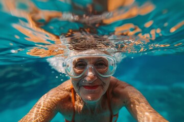 Close-up of a senior woman in swimsuit and snorkeling mask diving underwater in tropical sea with coral reef. Retired lady travels and leads an active lifestyle. - obrazy, fototapety, plakaty