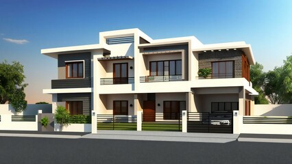 3D rendering of a modern home layout with furnished rooms and detailed interior design.