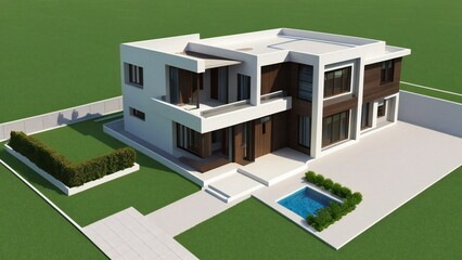 3D rendering of a modern luxurious house with pool and garden.
