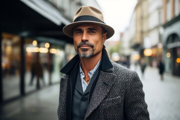 Portrait of a handsome mature man wearing hat and coat walking in the city. - obrazy, fototapety, plakaty