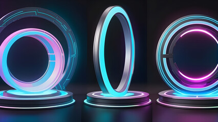 futuristic portals magic hologram teleport with round podium stand. neon glow background.