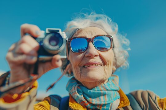 Close-up portrait of senior grey-haired Caucasian woman holding a retro camera against blue background. Cheerful retired lady travels and takes pictures. Active lifestyle for elderly people.