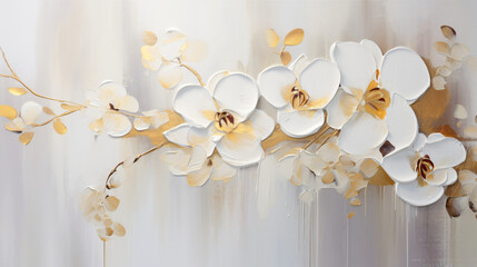 Abstract floral oil painting. Gold and white orchids o