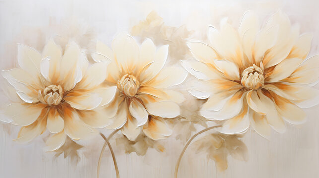 Abstract floral oil painting. Gold dahlia flowers on w