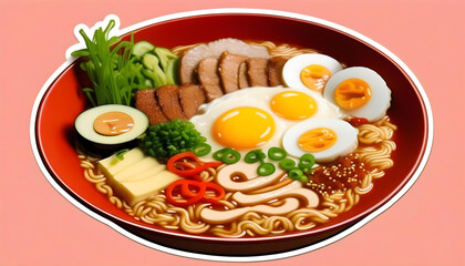 A die cut sticker of a bowl of ramen noodles 