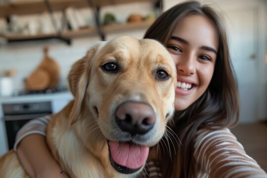 Young attractive woman hugging her cute dog and taking selfie on smartphone at home. Happy smiling girl sincerely attached to her pet and wants to preserve the best moments of love and friendship.