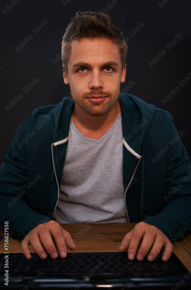 Aufkleber Man, keyboard for coding and programmer typing, information technology with video game or software development. Internet, computer programming and face with gamer or developer for cyber security