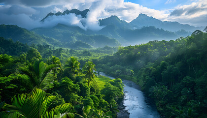 A pristine river meanders through lush jungle, creating a beautiful and serene natural landscape. Perfect for travel and adventure-themed designs. - obrazy, fototapety, plakaty